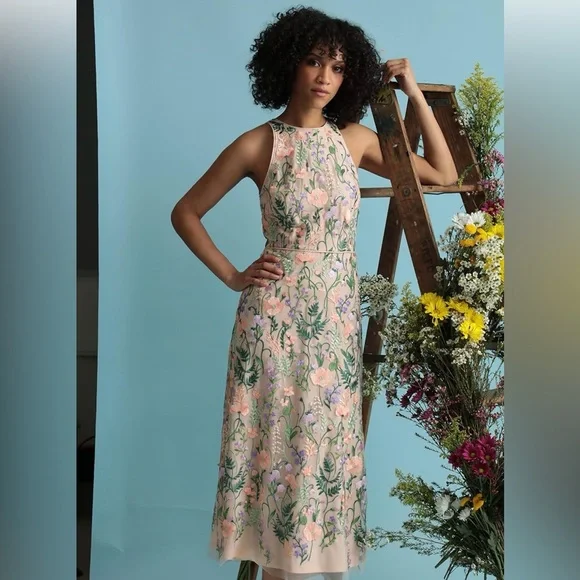 Maggy London Women's Floral Embroidered Halter Midi Dress with Back V-Neck - Picture 6 of 12